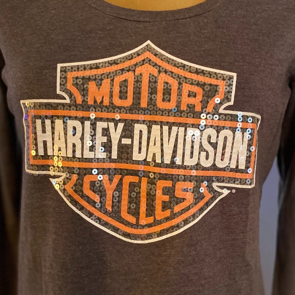 EUC - Women's Harley-Davidson Long Sleeve Sequined Scoop Neck